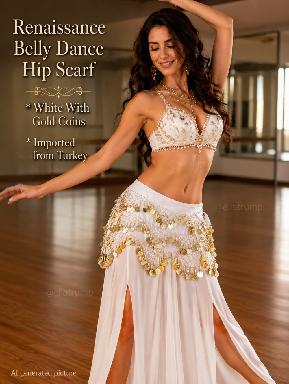 Renaissance Belly Dance Hip Scarf White With Gold Coins ~New~ Firm Price